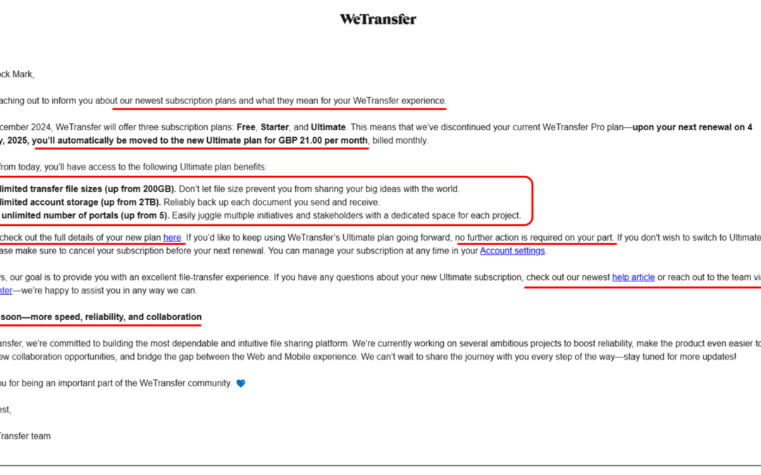 letter communicating an upgrade from standard to premium